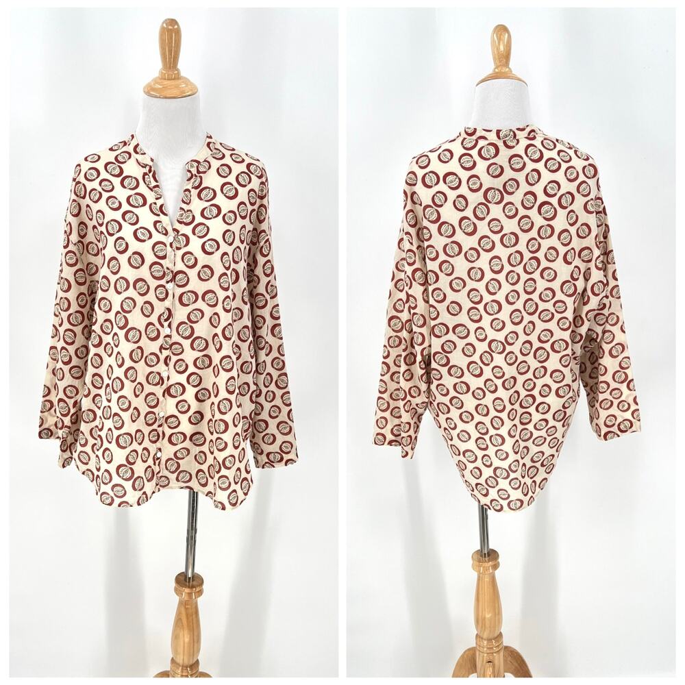 DIEGA Printed Cotton Top Womens Medium Cream Red Lightweight Vintage inspired